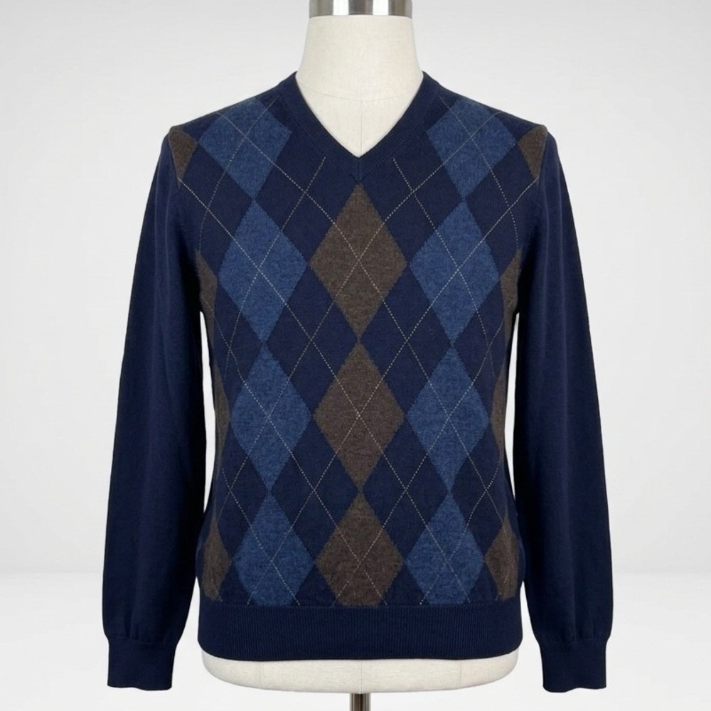 Brooks Brothers L Extra Fine Italian Merino Wool Argyle Diamond V-Neck Sweater